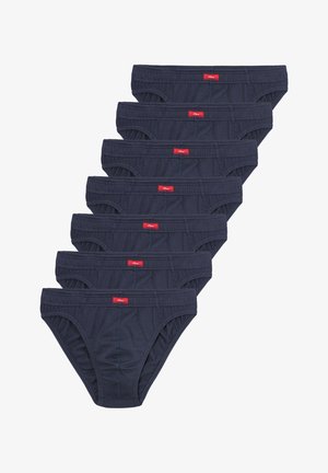 Set aus sieben navyblauen Baumwollslips mit elastischen Bündchen und roten Markenlabels, die einen klassischen Schnitt und nähtechnische Details aufweisen.