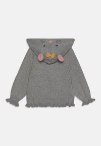 Felpa grigia lavorata a maglia con un design di coniglio sulla schiena, con orecchie rosa, un fiocco giallo e orli arricciati ai polsini e alla parte inferiore.