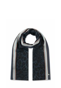Foulard en soie avec un imprimé léopard bleu foncé et noir, et des rayures roses claires et bleues le long des bords. Texture douce et forme rectangulaire.