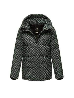 Zwarte en groene gestreepte pufferjack met hoge kraag, ritssluiting aan de voorkant en zijzakken. Voorzien van elastische manchetten en een comfortabele capuchon.