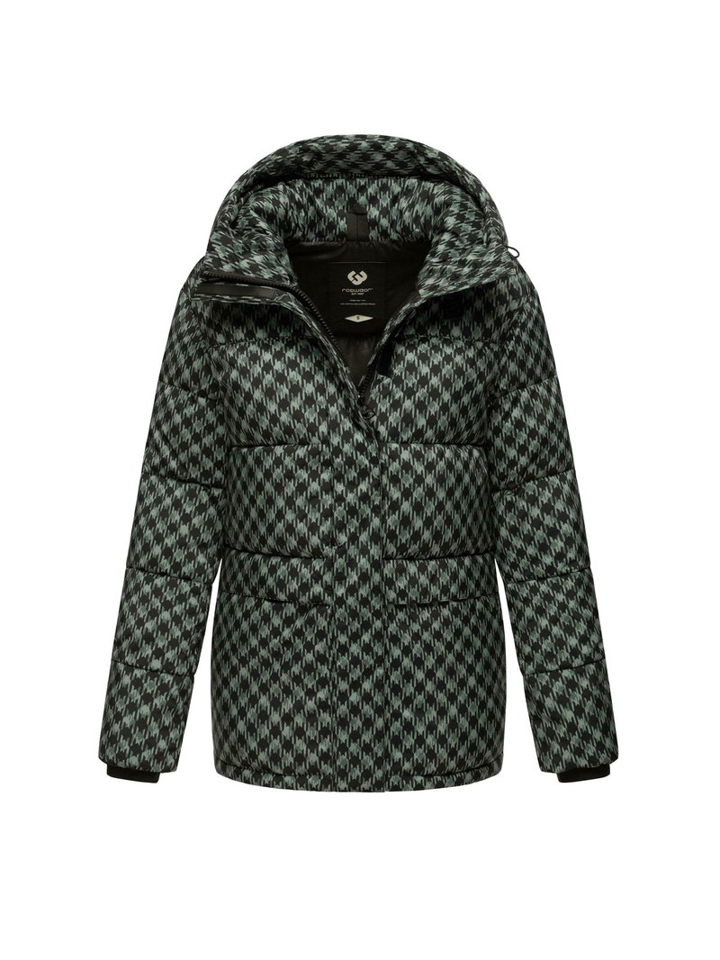 Svart och grön mönstrad pufferjacka med hög krage, zip-up fram och sidofickor. Har elastiska muddar och en mysig huva.