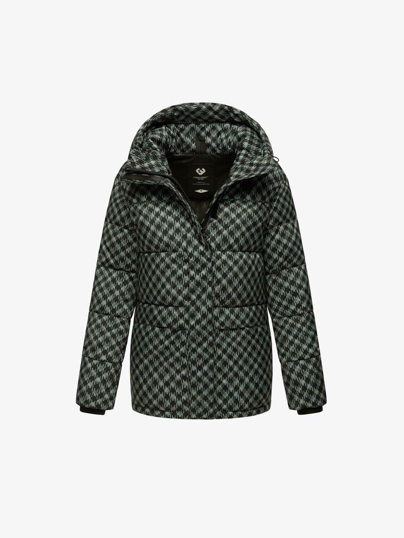 Mustmust ja rohelise mustriga paks puffer-jakk kõrge kaelusega, lukuga eest ja küljetaskutega. Omab elastseid mansette ja mugavat kapuutsi.