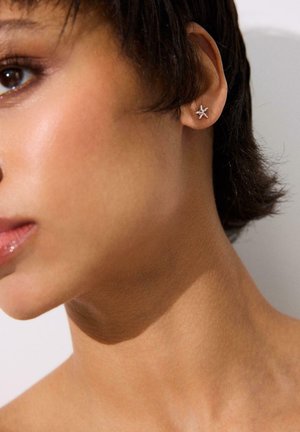 Lähikuva henkilön kasvoista ja korvasta, jossa on pieni tähtimuotoinen hopeinen korvarengas, yksinkertaista vaaleaa taustaa vasten.