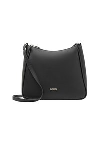 Bolso de hombro de cuero negro con forma curva, correa ajustable y un sutil acento de logo dorado. Textura suave con cierre superior de cremallera.