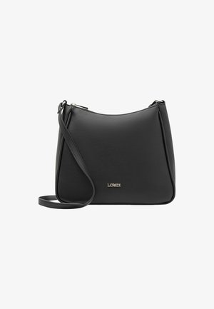 Schwarze Ledertasche mit geschwungener Form, verstellbarem Tragen und subtiler goldener Logo-Akzent. Glatte Textur mit einem Reißverschluss oben.
