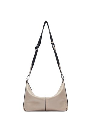 Beige Leder Schultertasche mit einer geschwungenen Form, schwarzem gemustertem Tragegurt, silbernen Beschlägen und dezenten Steppnähte an der Vorderseite.