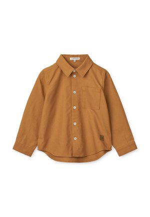 Brązowa koszula na guziki z kołnierzykiem, długimi rękawami, kieszenią z przodu i zaokrąglonym dołem. Wykonana z miękkiego materiału z ozdobnymi guzikami.