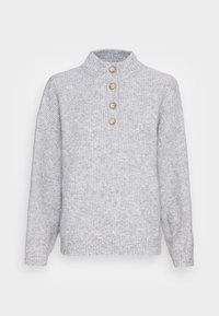 Helles graues, geripptes Sweatshirt mit hohem Kragen, das an der Vorderseite vier Holzknöpfe hat und mit überschnittenen Ärmeln ausgestattet ist. Weicher, strukturierter Stoff.