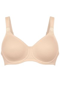 Beige bra with a textured fabric, underwire support, and embroidered floral accents on the straps. Smooth cups and adjustable straps.