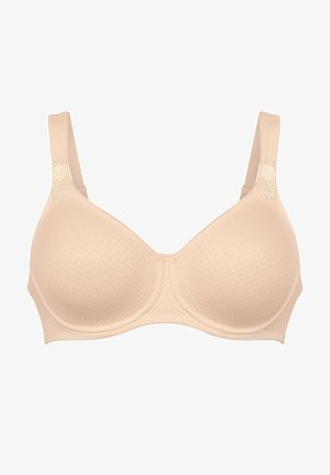 Beige bh met een getextureerde stof, met beugelondersteuning en geborduurde bloemaccenten op de banden. Glad cups en verstelbare banden.