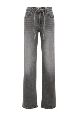 Breda jeans i blekt svart denim med dragningssnöre i midjan. Funktioner klassisk femficksdesign och rena fållar. Slät textur.