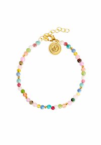 Pulsera de cuentas coloridas con varios tonos pastel, acentos en dorado y un charm circular con un diseño en relieve. Cierre ajustable.
