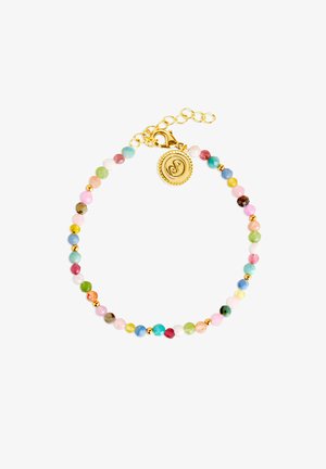Farebný náramok z korálok s rôznymi pastelovými odtieňmi, zlatými akcentmi a okrúhlym príveskom s reliéfnym vzorom. S nastaviteľným zapínaním.