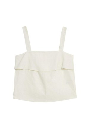 Skrócona biała lniana bluzka z regulowanymi ramiączkami i warstwowym wykończeniem w okolicy biustu. Miękka tekstura, luźny krój.