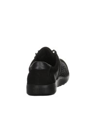Black sneaker featuring a textured knit design, smooth suede accents, rounded toe, cushioned sole, and heel tab for easy wear.
