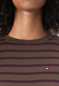 Braun gestreiftes T-Shirt mit breiten kastanienbraunen Streifen, einem Rundhalsausschnitt und einem kleinen Logo-Patch in Rot, Weiß und Blau auf der Brust.