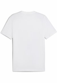 Camiseta blanca de manga corta con un cuello redondo y una textura lisa y uniforme. Sin gráficos ni patrones visibles en la parte posterior.