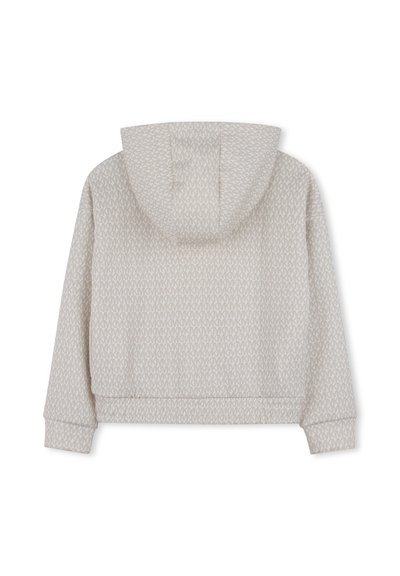 Κοντό φούτερ με κουκούλα σε ανοιχτό μπεζ ύφασμα με επαναλαμβανόμενο μο τίβο λογότυπων, κουκούλα με κορδόνι και ριμπ μανσέτες και τελείωμα. Μαλακή υφή.