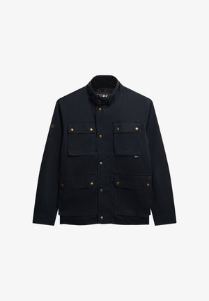 Marineblauwe jas van duurzame stof, met een staande kraag, knoopsluiting en vier voorkeuzen met goudkleurige knopen.