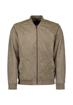 Beige suède bomberjack met ritssluiting aan de voorkant, geribde manchetten en zoom, en zijzakken, weergegeven op een witte achtergrond.