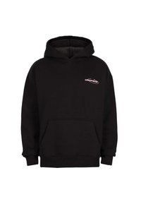 Hoodie noir avec poche avant et petit logo rose "DROPSIZE" sur le haut à gauche de la poitrine, présenté sur un fond blanc.