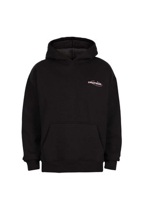 Schwarzer Hoodie mit Fronttasche und kleinem pinken "DROPSIZE"-Logo auf der oberen linken Brust, vor einem weißen Hintergrund präsentiert.
