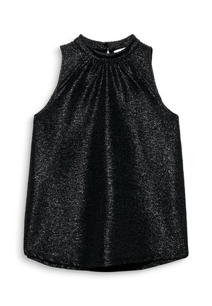 Czarna, błyszcząca, bezrękawnikowa bluzka z wysokim kołnierzem, marszczonym dekoltem i zapięciem na guziki z tyłu.