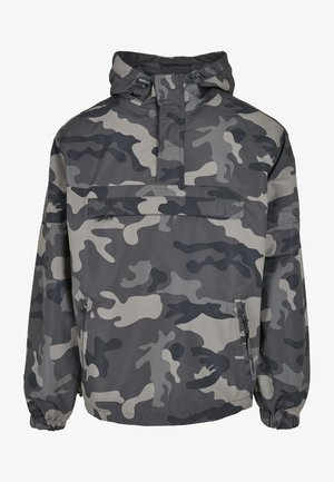 Tarnpulloverjacke in Grautönen, mit Kapuze, Reißverschlussfronttasche, elastischen Bündchen und wasserabweisendem Material.