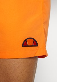 Orange Shorts aus leichtem Material, mit einem kleinen gestickten Logo in Rot, Orange und Marineblau am Saum.