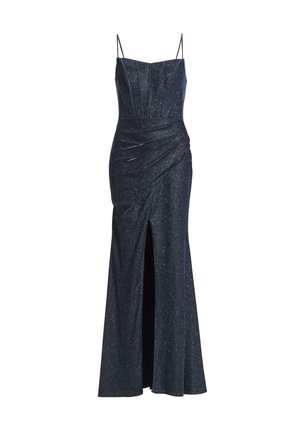 Un vestido de noche de un azul oscuro y brillante, con un corpiño ajustado, tirantes finos ajustables y un detalle de abertura lateral; hecho de una tela texturizada.