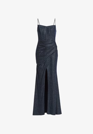 Tummansininen, kimaltava iltapuku, jossa on istuva bodice, säädettävät spagettiolkaimet ja sivuhalkio; valmistettu teksturoidusta kankaasta.