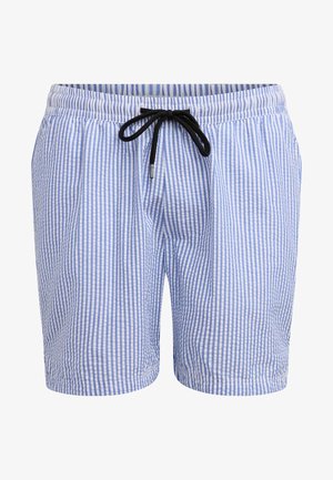 Blue and white vertical striped shorts with an elastic waistband and black drawstring tie at the front.