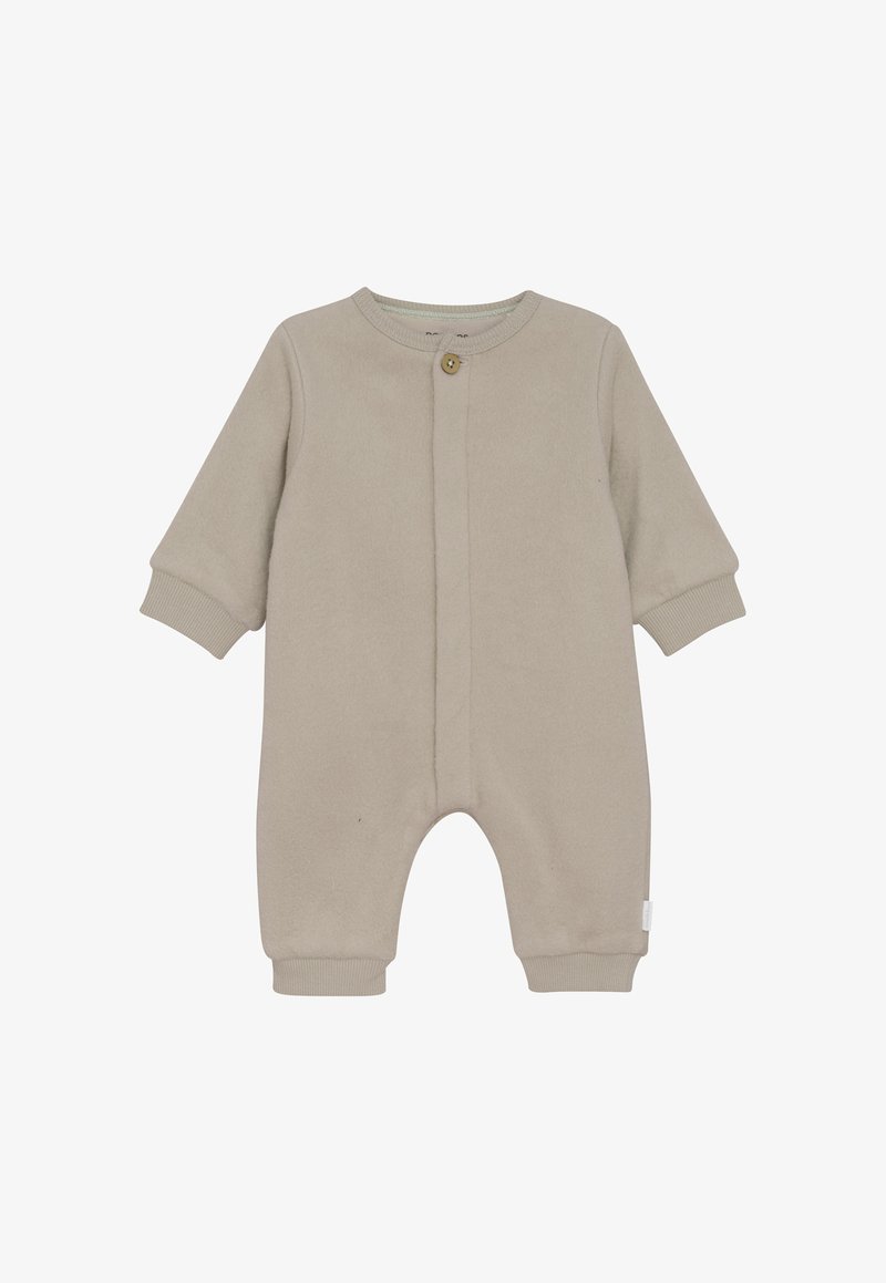 Beige zachte baby rompertje met lange mouwen, ribgebreide manchetten, ronde hals en een enkele knop bij de bovenste sluiting aan de voorkant.