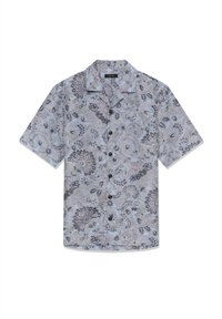 Chemise à manches courtes avec boutons, base bleu clair et motif floral abstrait aux tons rose pâle, gris et beige.