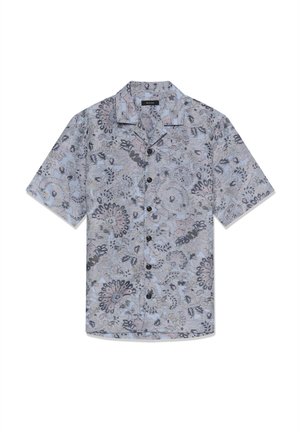 Chemise à manches courtes avec boutons, base bleu clair et motif floral abstrait aux tons rose pâle, gris et beige.