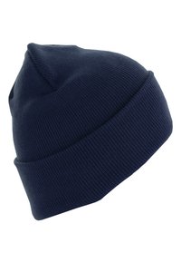 Bonnet en tricot bleu foncé avec un revers, présenté sur un fond blanc.