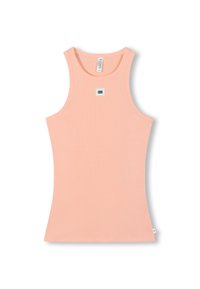 Perzik kleurige tanktop van zachte stof, met een ronde halslijn, brede schouderbanden en een klein logo-opdruk aan de voorkant in het midden.