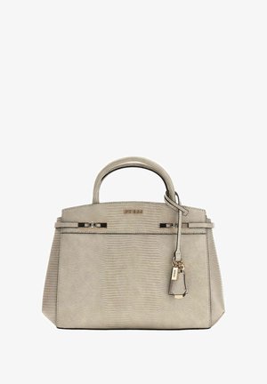 Sac à main structuré beige avec une surface texturée, deux anses arrondies et une bandoulière amovible. Comprend des accessoires métalliques et un accent logo.