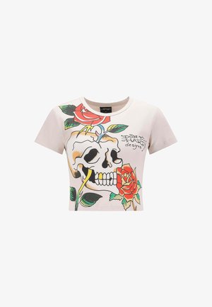 Korte mouwen T-shirt in lichtbeige katoen met een afbeelding van een schedel en een roos, met levendige kleuren en in het zwart omrande lijnen. Korte mouwen en ronde hals.