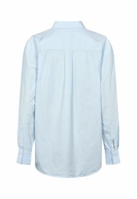 Chemise à manches longues rayée verticalement bleu clair et blanc, vue de dos, avec poignets boutonnés et col classique.