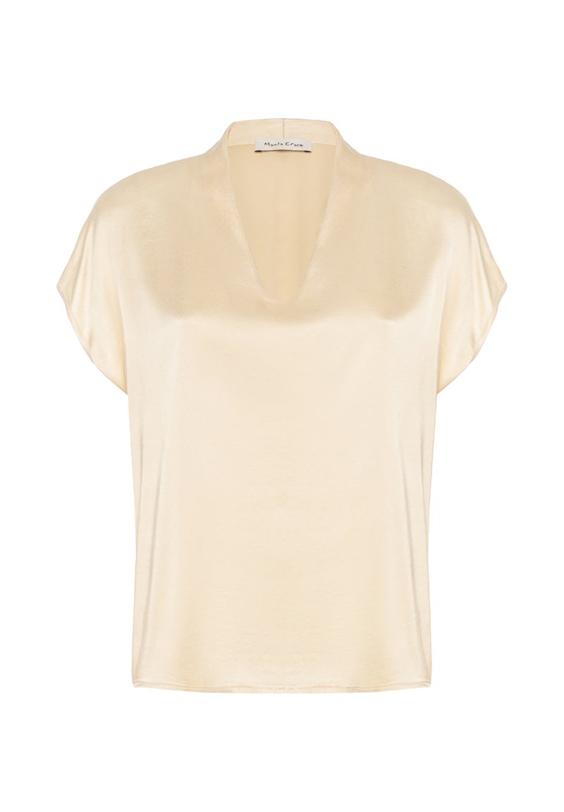 Blusa in satin a maniche corte color crema chiaro, con scollatura a V e vestibilità rilassata. Texture liscia e design minimalista senza decorazioni.