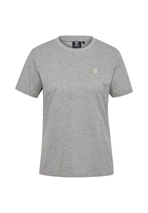 Grijze kortemouwen T-shirt gemaakt van zachte stof, met een ronde hals en een klein gouden logo op de borst. Eenvoudig en klassiek ontwerp.