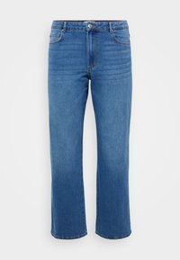 Blue denim jeans with a straight-leg design, featuring a classic button and zip closure, five pockets, and subtle stitching details.