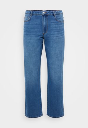 Blå denimjeans med rett benklipp, med knapplukking, klassisk fem-lomme design og subtil falmet tekstur på lårene.