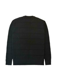 Maglione nero a maniche lunghe con un motivo a griglia testurizzato, colletto e polsini a costine, e spacco laterale all'orlo. Vista posteriore mostrata.