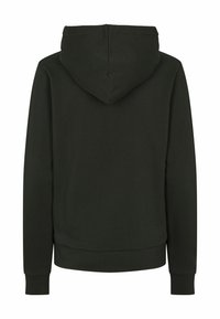 Donkergroene hoodie met een gladde textuur, elastische manchetten en een gebande zoom. Heeft een minimalistisch ontwerp zonder zichtbare logo's.