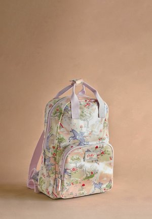 Štampana ruksak napravljen od izdržljive tkanine, s pastel bojama, motivima jednoroga i cvjetnim uzorcima, s podešavim trakama i prednjim džepom.