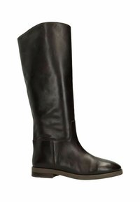 Kniehoge zwarte leren laarzen met een gladde textuur, ronde neus en platte zool. Eenvoudig ontwerp met minimale stiksels en een lage hak.