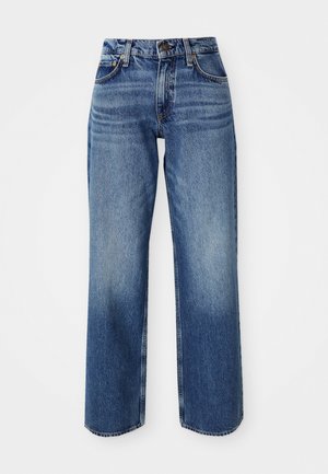 Light blue jeans with a relaxed fit, featuring a high waist, straight legs, and subtle fading. Made of denim with visible stitching and hardware.