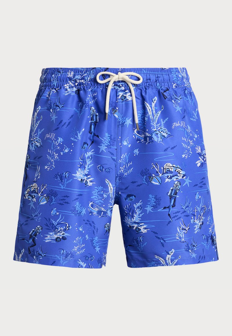 Blue swim shorts featuring an underwater scene with divers, fish, and coral. Made from lightweight material with an elastic waistband.